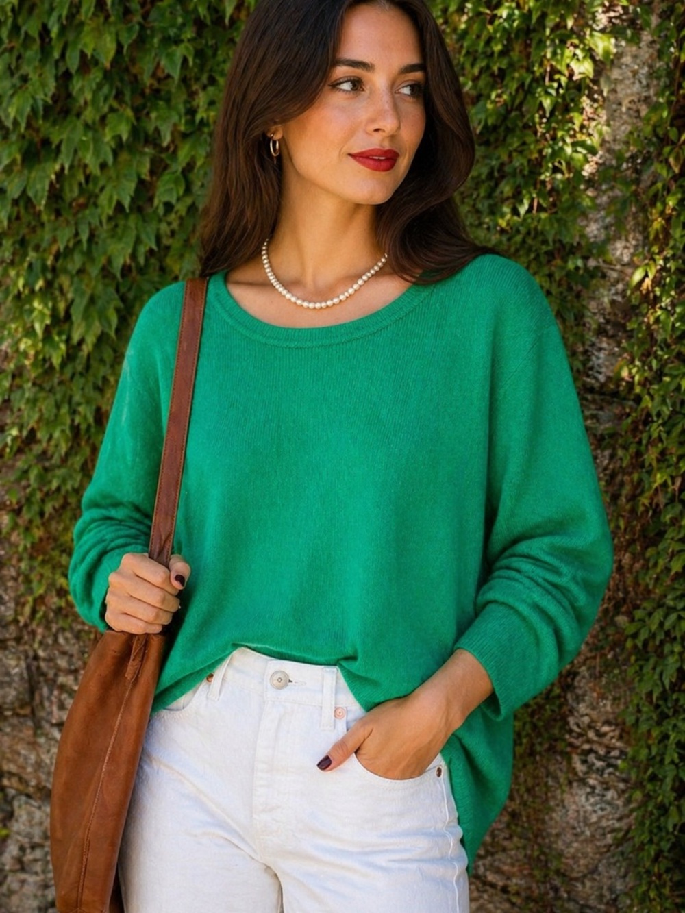 PECK & PECK CASHMERE Kelly Green Crew Neck Two-Ply Sweater, M